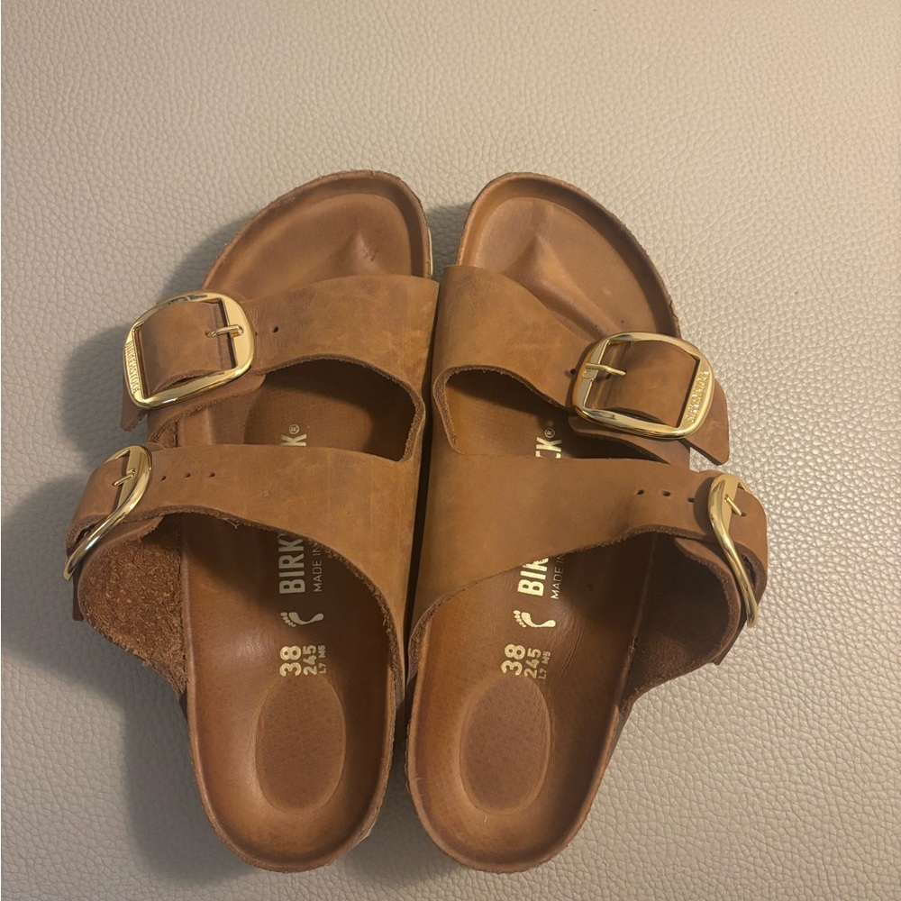 Birkenstock Brown Sandals with Gold Buckles